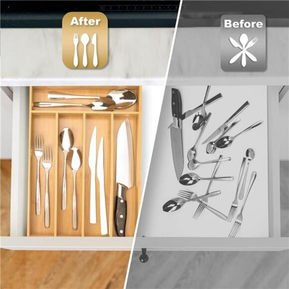 Bamboo Kitchen Drawer Organizer Utensil Cutlery Flatware Tray 5 Slot Holder - Picture 4 of 7